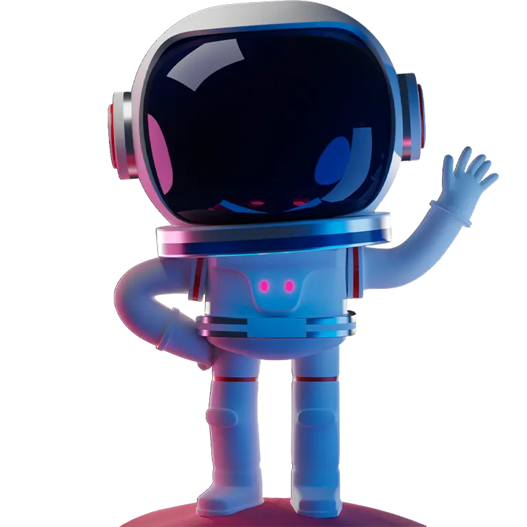 Astronaut in space suit with hand on hip, waving.